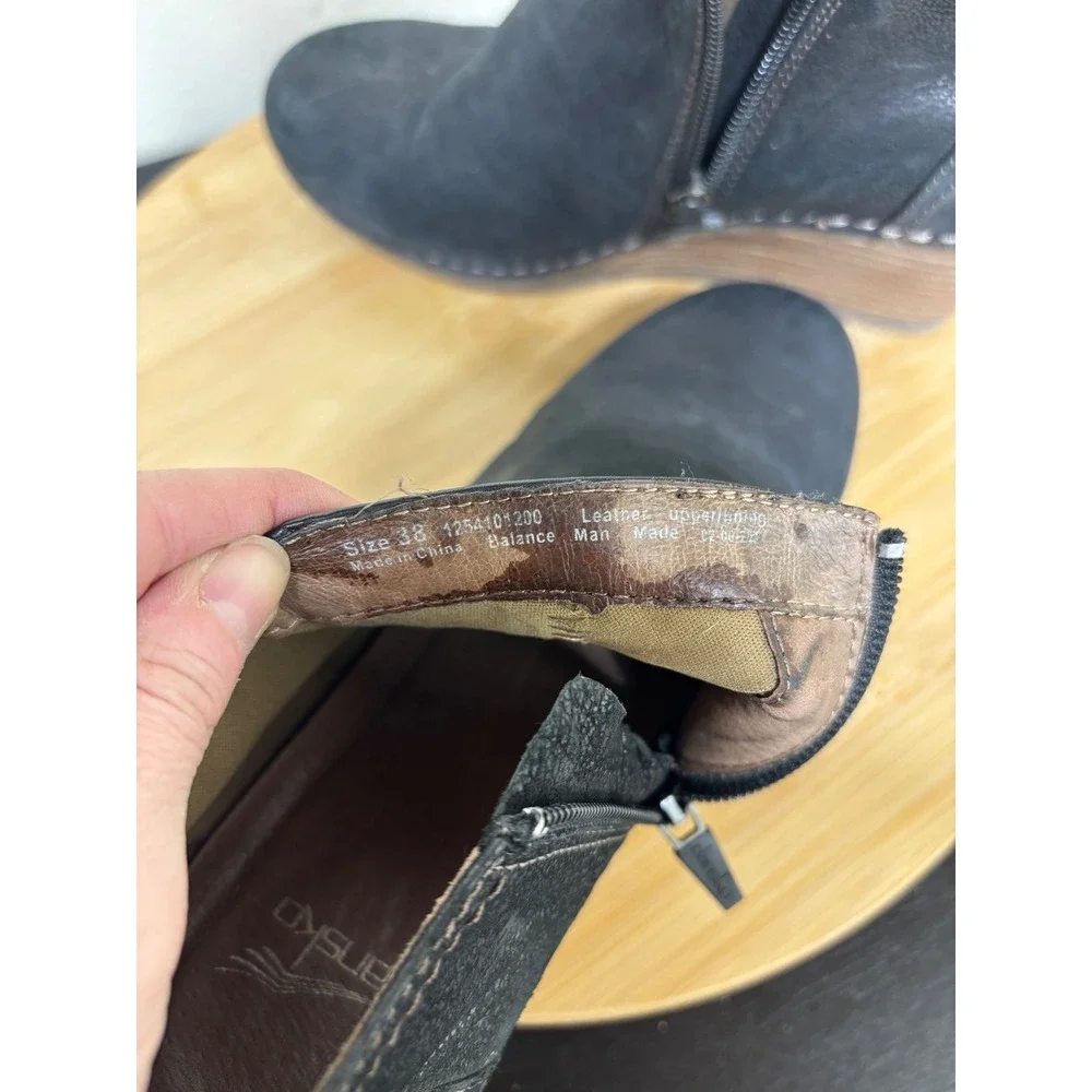 Dansko Susan Wedge Booties 38 US 7.5-8 Black Nubuck Leather Side Zip Ankle Boots